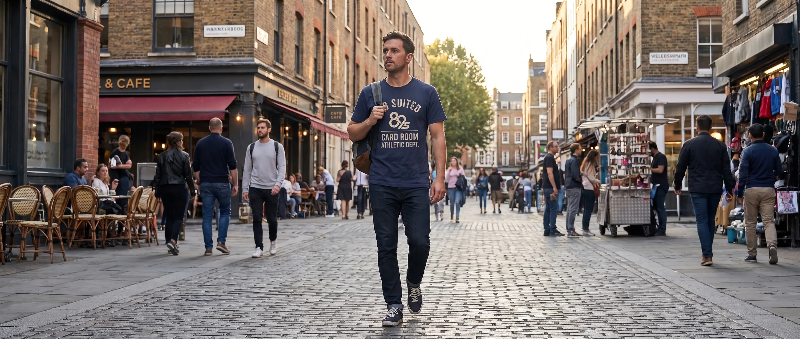 A player crossing a cobbled street in the Card Room Athletic Dept. tee