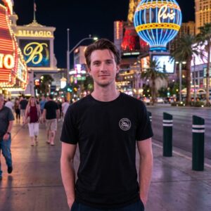 The 89s Crest Tee in black, worn on the Las Vegas Strip at night, with the 89 Suited crest printed on the left chest.