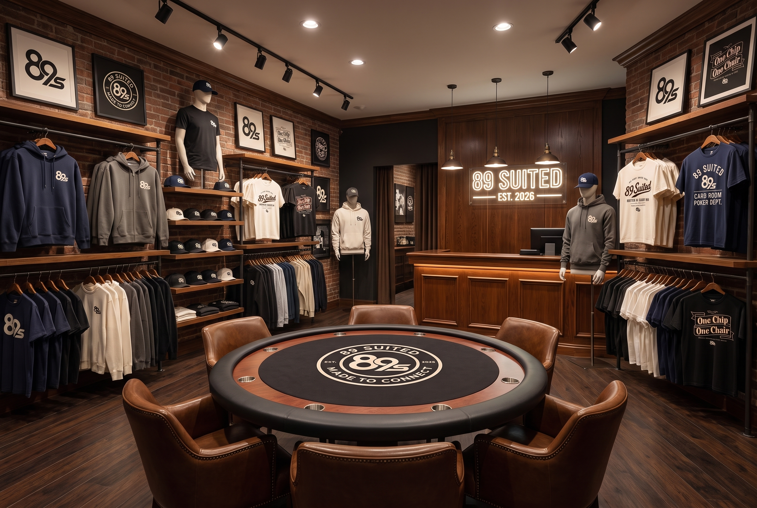 The 89 Suited store: a poker table under warm light, racks of tees, hoodies and caps, and the 89 Suited sign behind the counter.