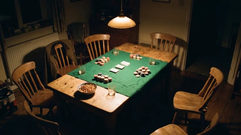 A kitchen table under a single pendant lamp, green felt thrown over the wood, chips in uneven stacks and a bowl of nuts, five empty chairs pulled at angles.