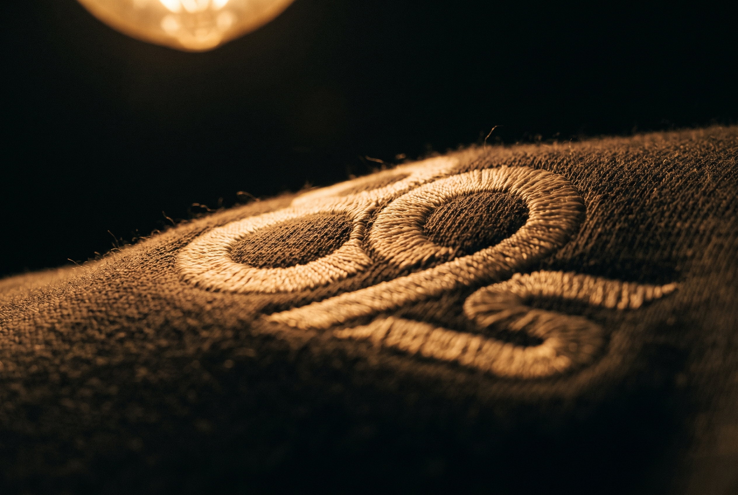 The 89s monogram embroidered in raised thread on heavyweight hoodie knit, lit by a single lamp