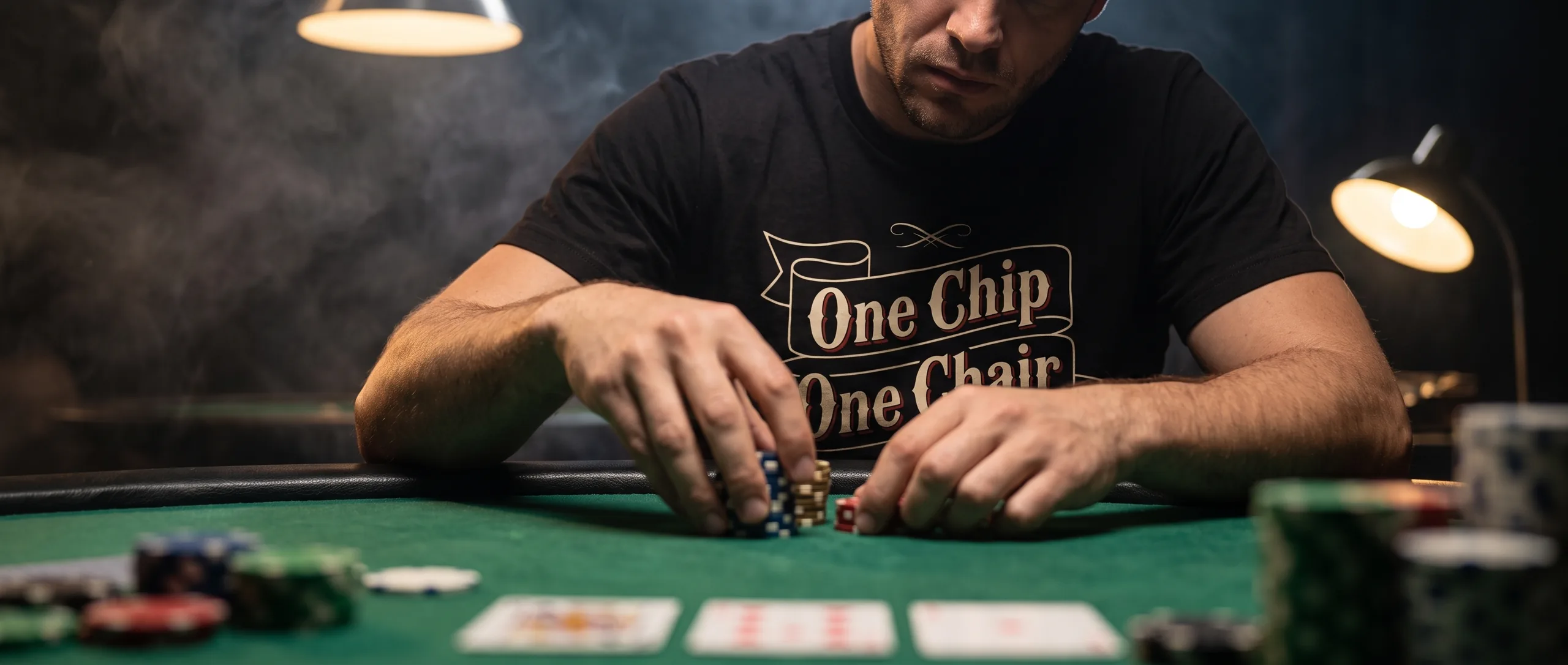 A player pushing chips across the felt in an 89 Suited tee