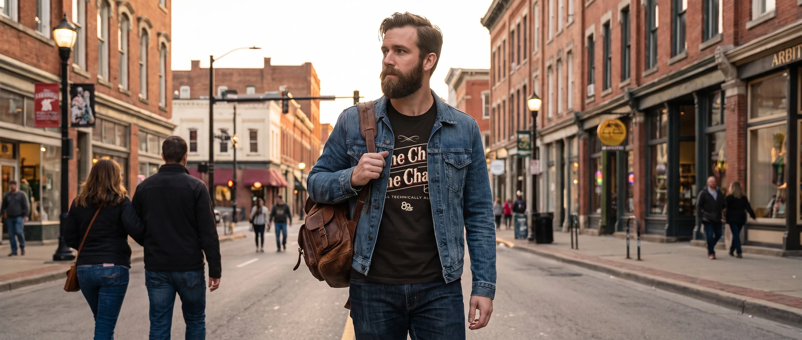 A player in a denim jacket on a red-brick main street at dusk