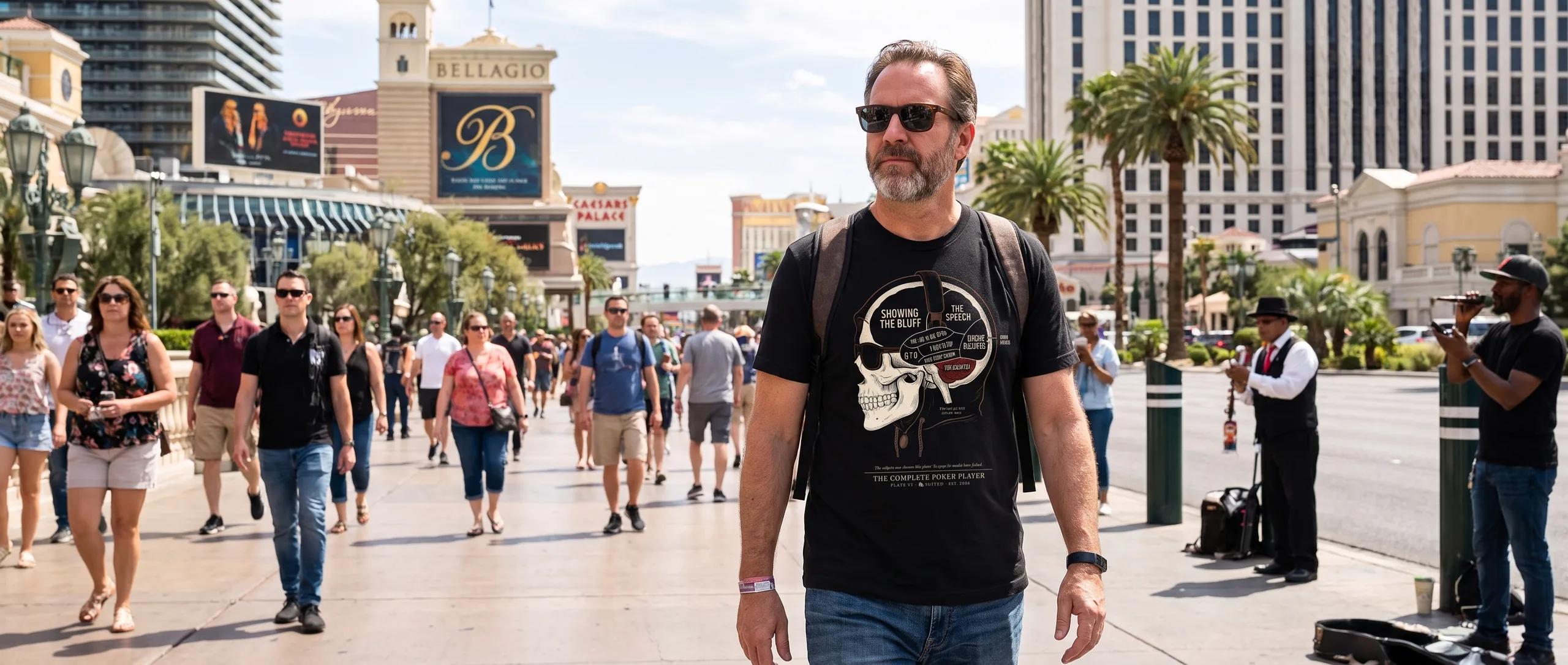 A player walking the Las Vegas Strip in an 89 Suited plate tee