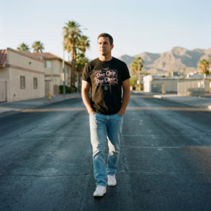 The One Chip One Chair tee in black, worn on an empty Las Vegas street at dawn