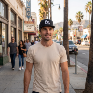 The 89 Suited Button Cap in black, worn on a Los Angeles street in late afternoon light