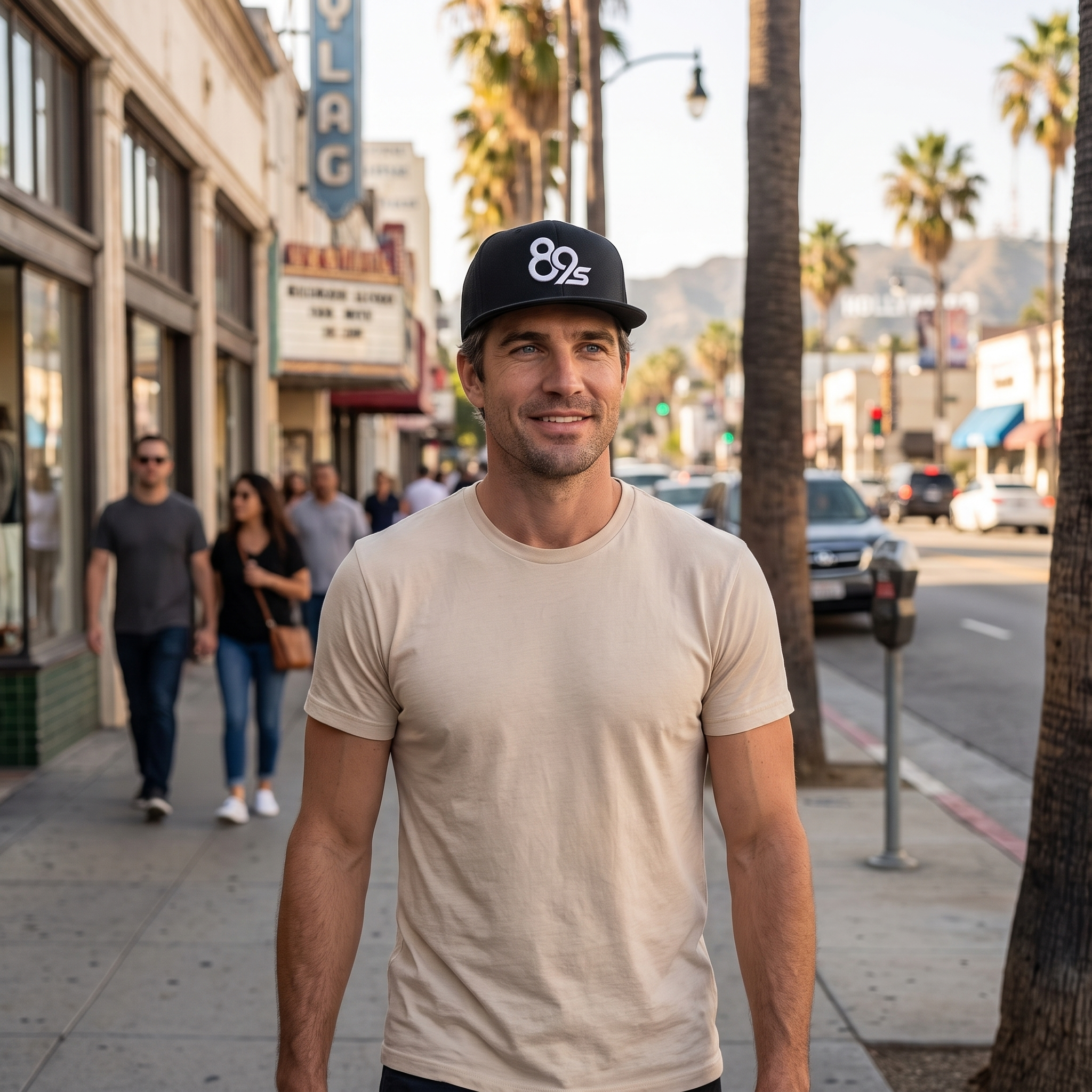 The 89 Suited Button Cap worn on a Los Angeles street in late afternoon light