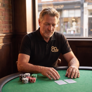 A man in the black 89 Suited polo shirt at a poker table, holding two cards