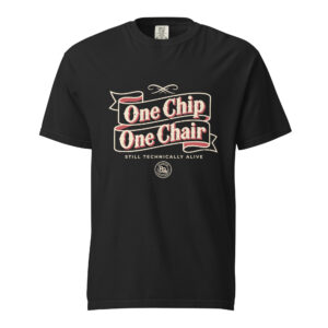 The One Chip, One Chair in black, with the 89 Suited print on the chest.