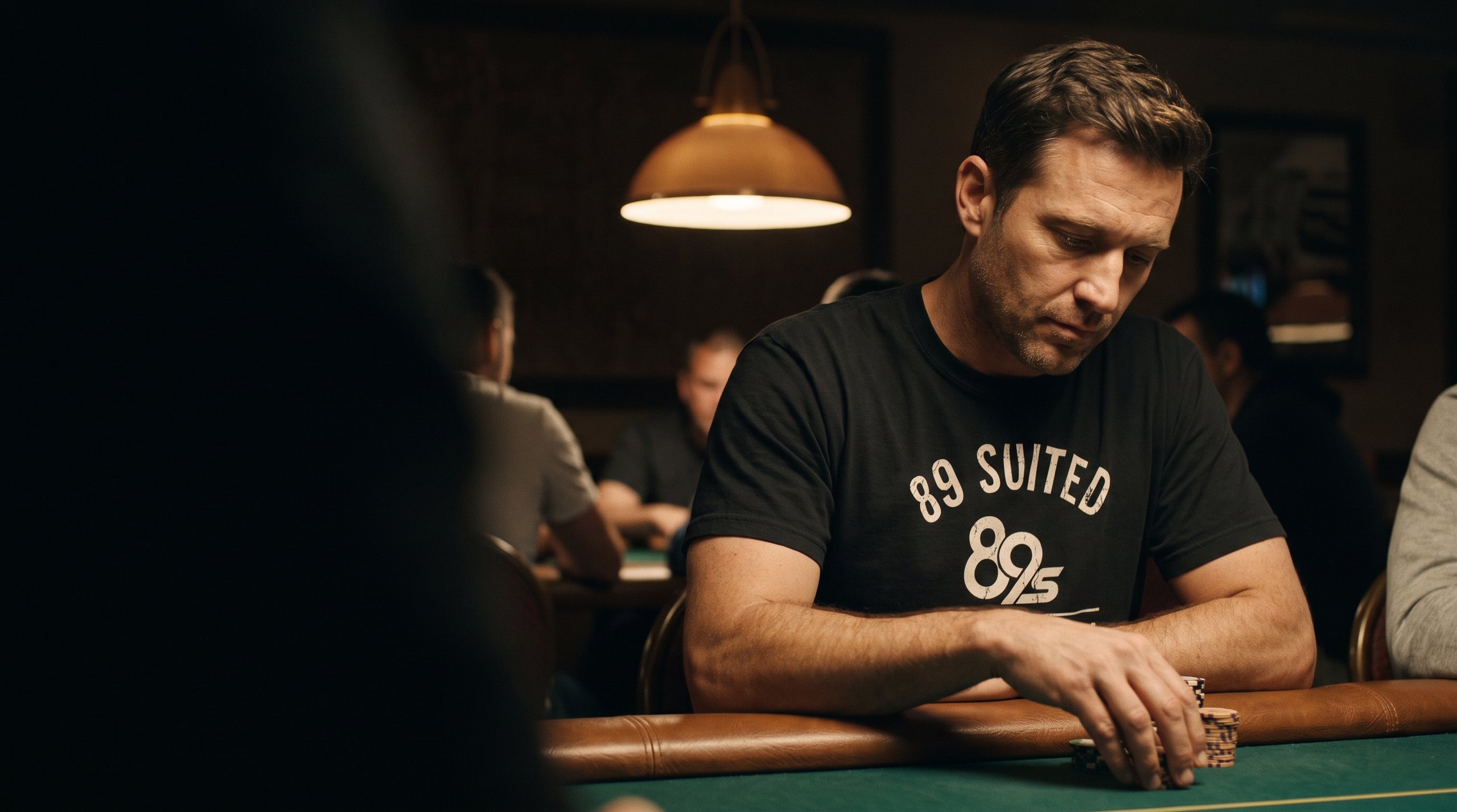 A man in the black Card Room Poker Dept tee at a poker table under a low lamp, stacking chips, late in a card room.