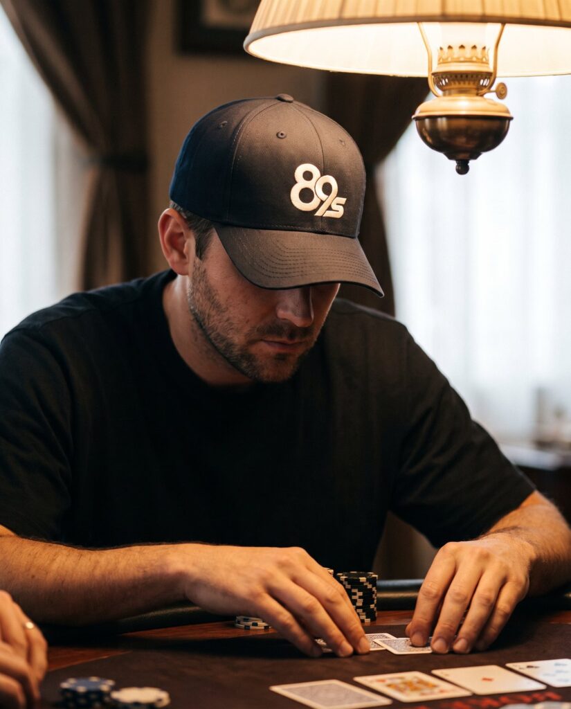 A man in the navy Button Cap at a poker table, head down, the 89s monogram lit by the lamp above.