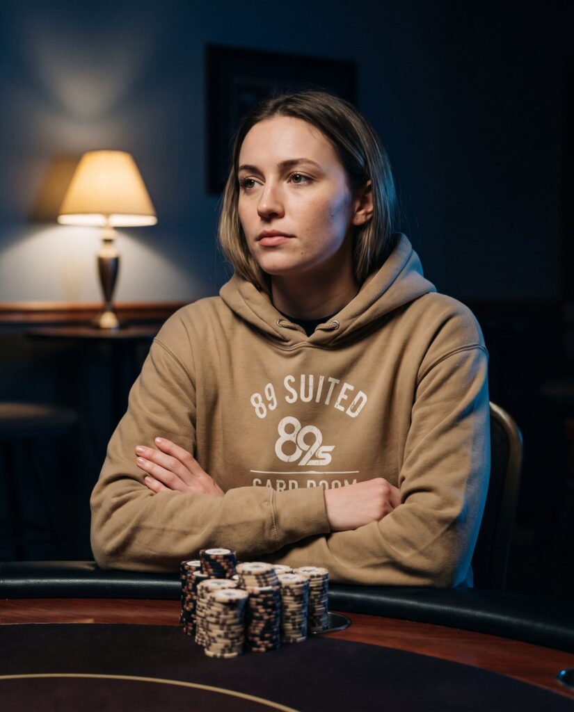 A woman in the sandstone Card Room Poker Dept hoodie, arms crossed on the rail of a poker table at night.