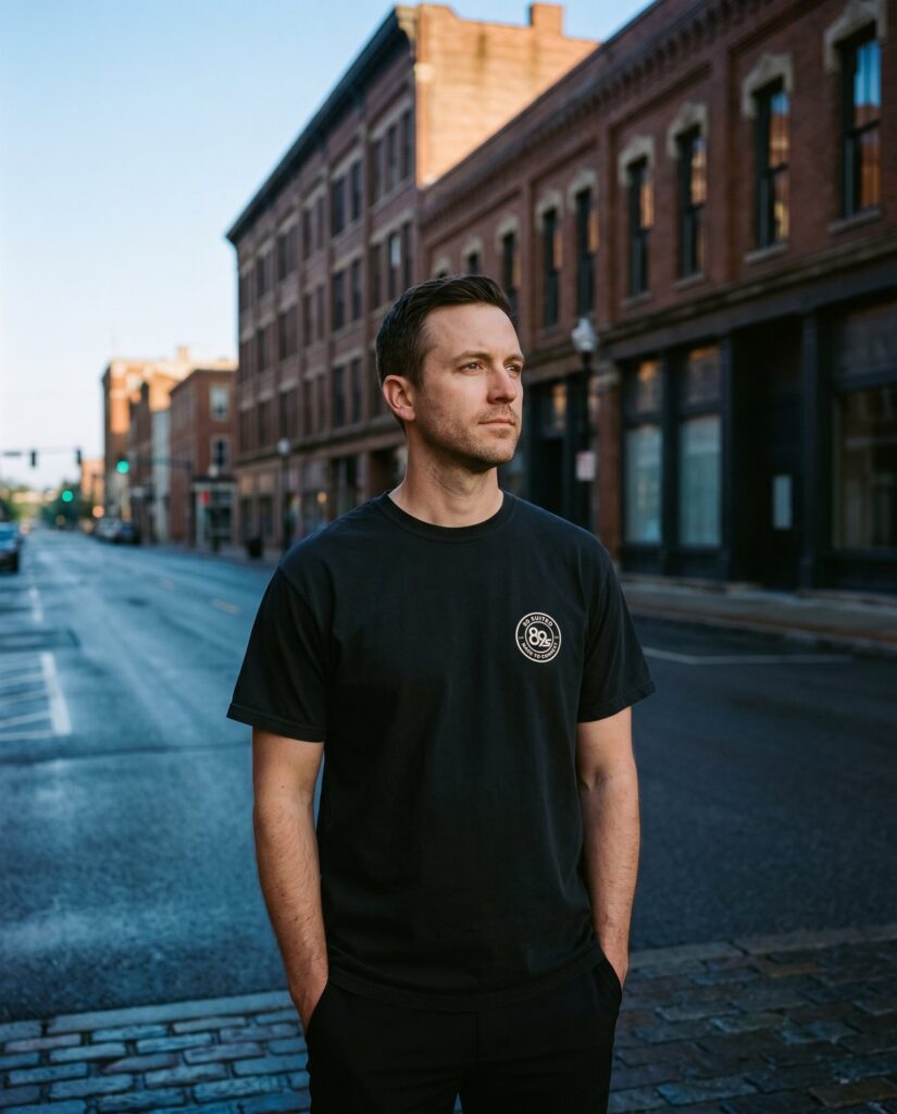 A man in the black 89s Crest Tee on an empty downtown street at dawn, hands in pockets.