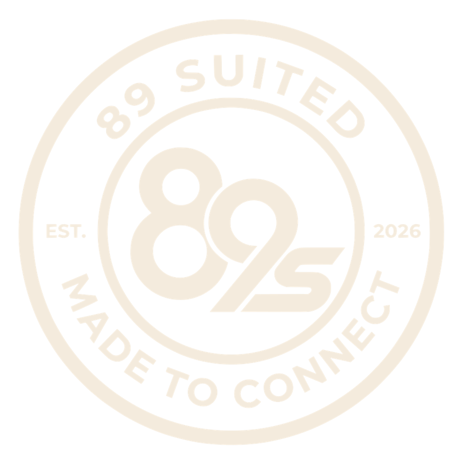 The 89 Suited seal in cream: 89 Suited, the 89s monogram, Made to connect.