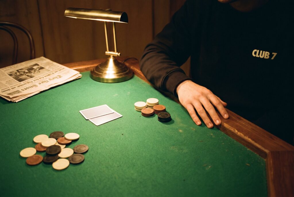 Two cards face down on green felt beside a short stack of chips, a folded newspaper and a hand on the rail.