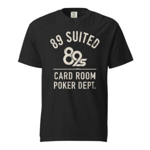 The Card Room Poker Dept tee in black, with the 89 Suited lockup printed in cream across the chest.