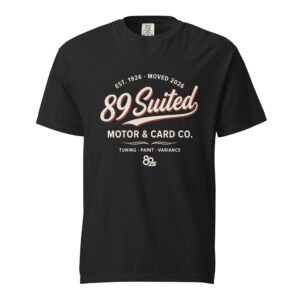Motor & Card Co. Classic tee in black, a workshop crest reading 89 Suited Motor & Card Co., tuning paint variance.