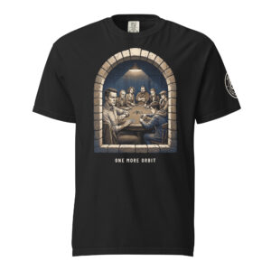 One More Orbit tee in black, a home poker game drawn inside a stone arch, seen through a window.