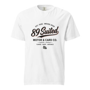 Motor & Card Co. tee in white, the workshop crest printed in black with a thin red keyline.