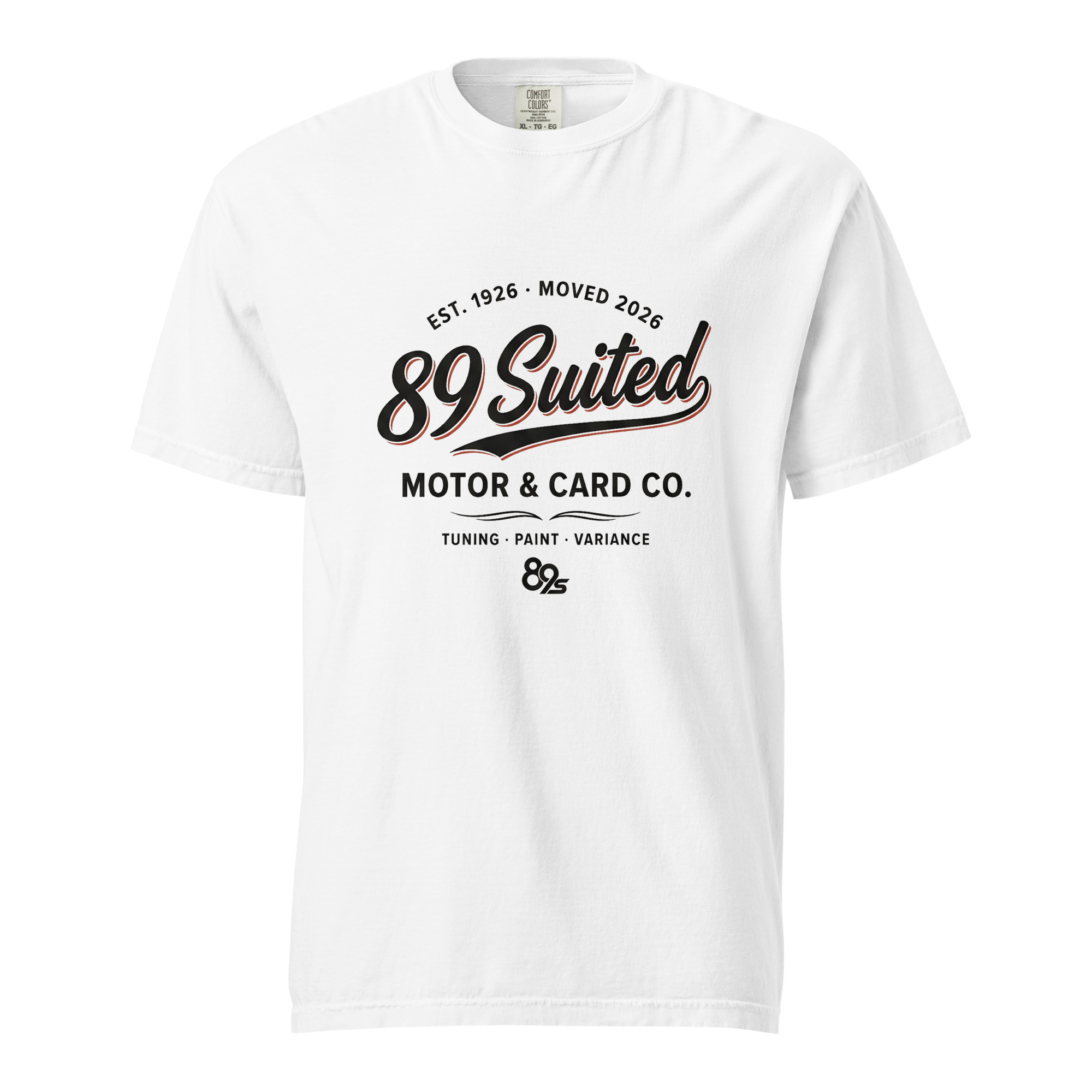 Motor & Card Co. tee in white, the workshop crest printed in black with a thin red keyline.